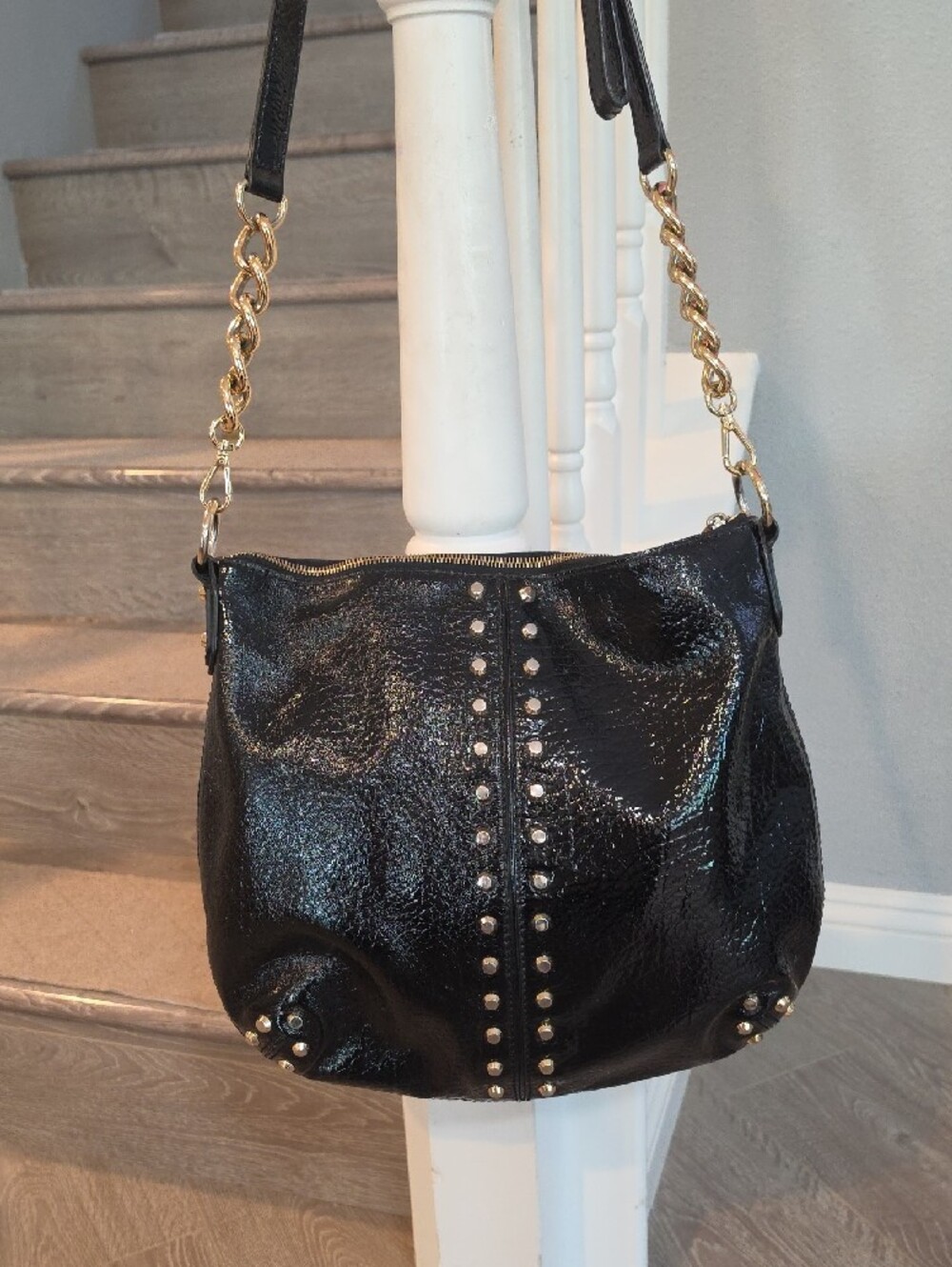 Michael Kors Black Studded Shoulder Bag with Gold Chain Detail